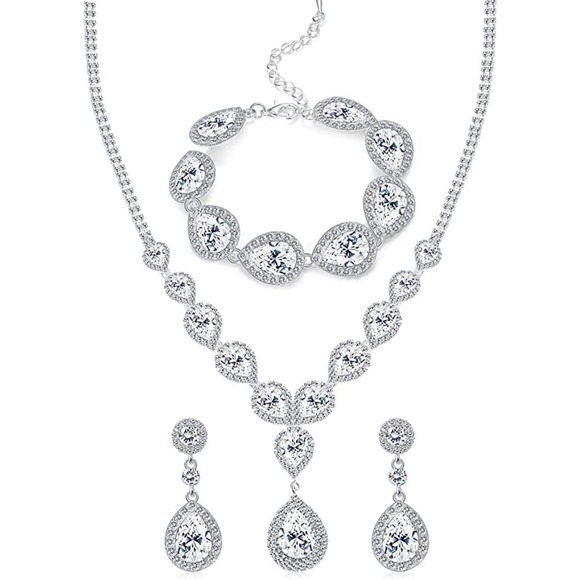 Diamond Crystal Necklace Set CZ Cubic Zircon Rhinestone Necklace Bracelet Earrin - Picture 6 of 7